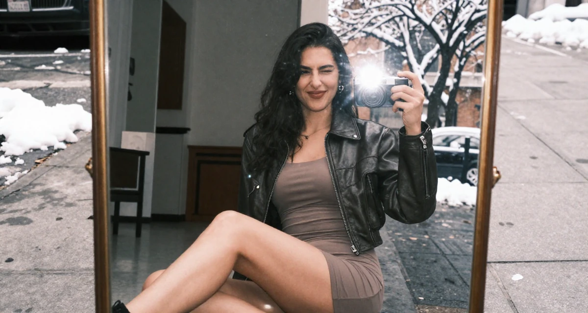 A witty Female From Arabic-speaking world, studied interior architecture in their 32, recovering from burnout and prioritizing rest, wearing a cropped leather jacket and a bodycon dress, winking playfully in a city sidewalk.