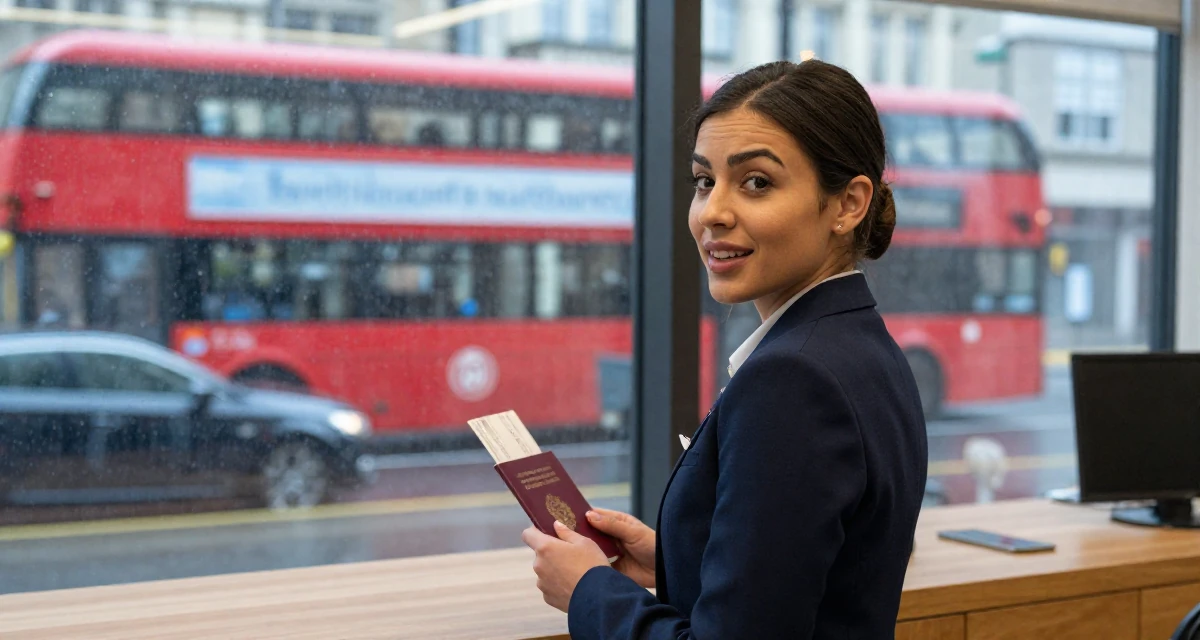 A enthusiastic Female Former spa receptionist, now blending beauty with calm-aesthetic content in their 22, mourning the loss of the university community, wearing a sharp business casual attire, holding a passport or ticket in a office break room.