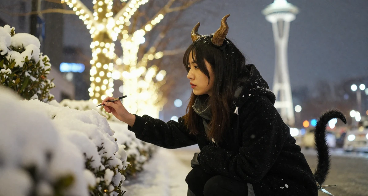 A dazed Female From Taiwan, based in Taichung, graduated from an arts academy majoring in visual storytelling in their 41, sharing the reality of raising high schoolers, wearing a demon girl outfit with horns and a spiked tail, holding a pen in a city sidewalk.