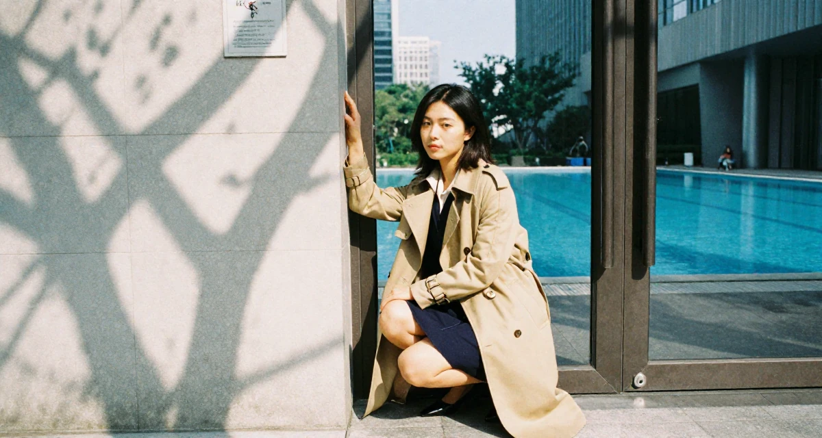 A quiet Female From China, majored in economics at a top university in their 22, forming connections with potential collaborators, wearing a classic trench coat worn over a business dress, leaning against a door in a modern skyscraper lobby.