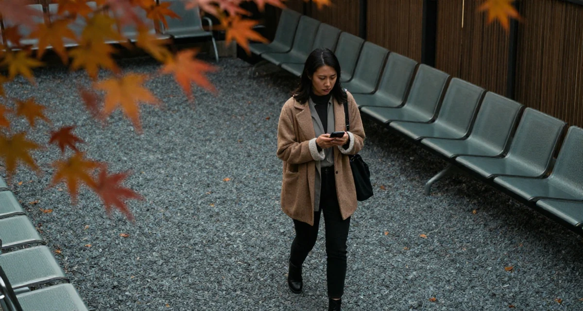 A emotional Female Once a biology teacher, now exploring artistic movement expression in their 24, learning to prioritize emotional well-being, wearing a warm winter layered look, checking a phone in a waiting room.