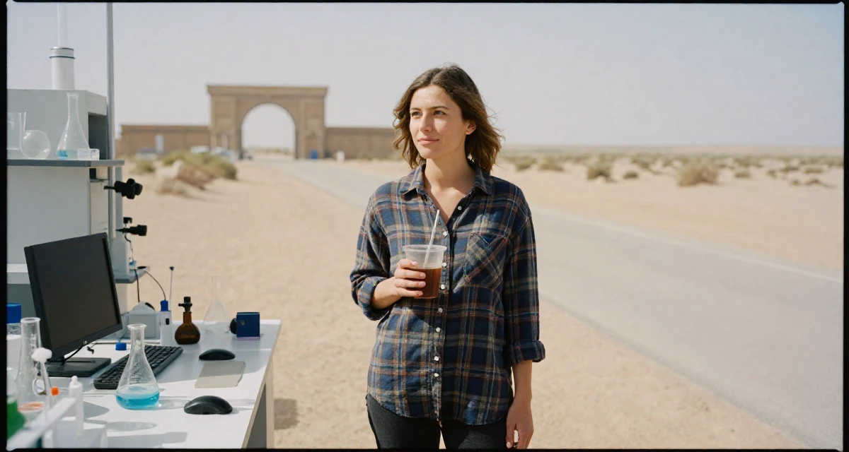 A serene Female From Netherlands, studied digital media and interaction design in their 32, exploring sustainable fashion and ethical living, wearing a casual plaid button-down, holding a cold drink in a science lab.