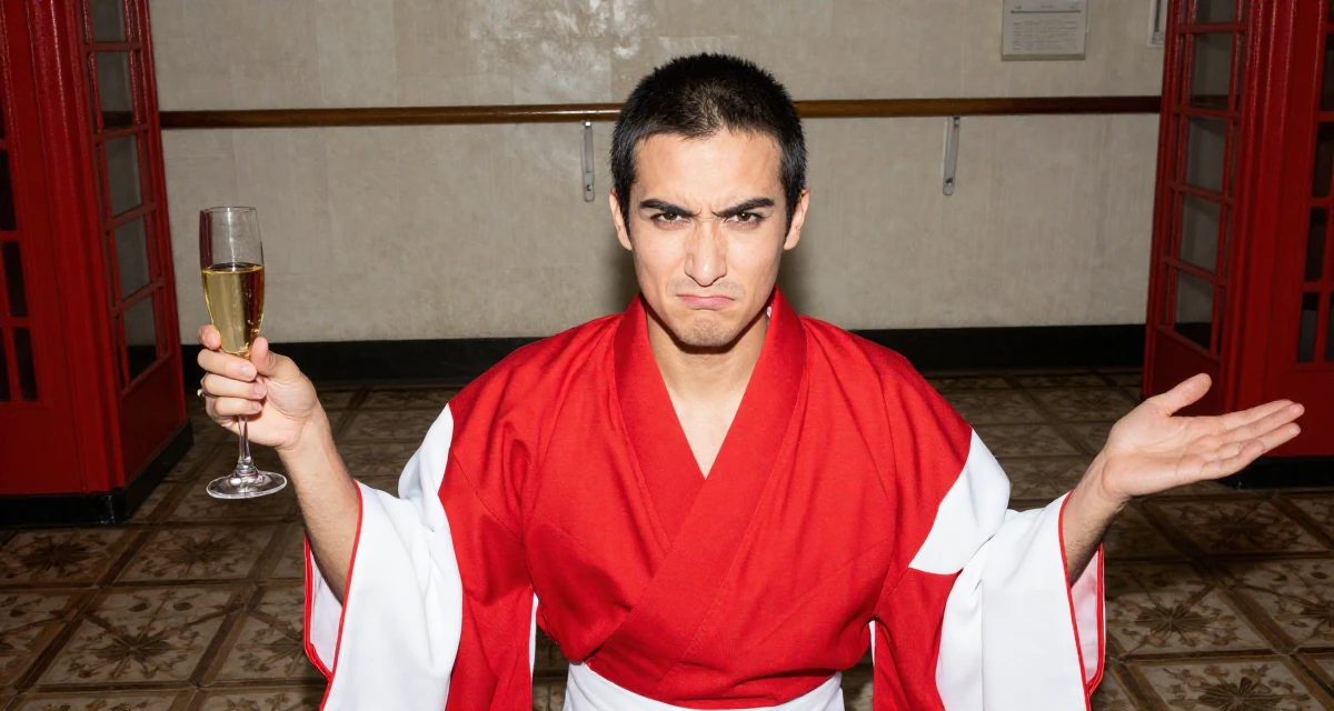 A impatient male Former swim instructor, now producing sun-soaked lifestyle content in their 21, hiding insecurity behind a perfect makeup look, wearing a traditional Japanese miko priestess robe in red and white, holding a champagne glass in a ballet studio.