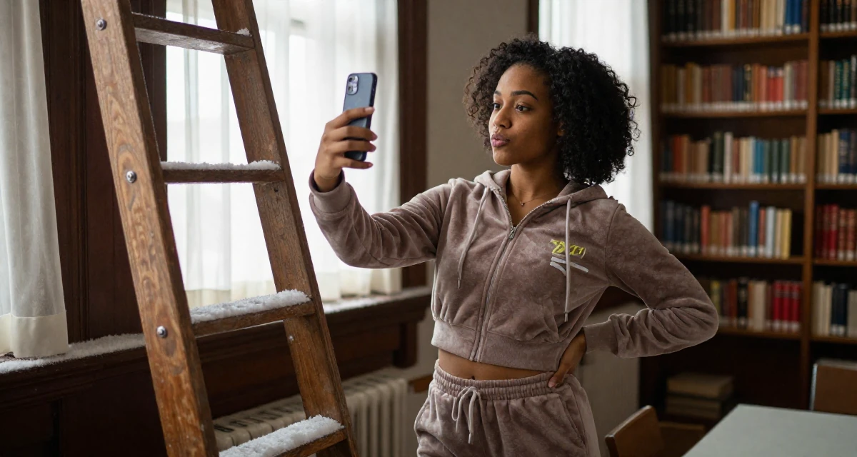A carefree Female From Trinidad & Tobago, studied performing arts in their 23, feeling pressure to “figure life out” quickly, wearing a velour tracksuit with a cropped zip-up hoodie, snapping a photo with a phone in a old library with wooden ladders.