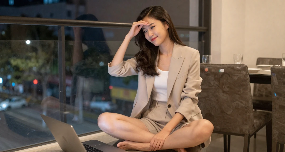 A softly smiling Female From Kaohsiung Taiwan, started modeling while studying visual design in their 22, crafting content at midnight after work shifts, wearing a tailored shorts suit with a matching jacket, resting a hand on the forehead in a dining room.
