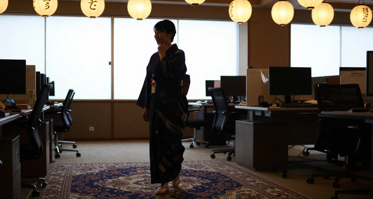 A warmhearted Female From Japan, based in Osaka, graduated from a local college majoring in marketing in their 38, handling long working hours with discipline, wearing a traditional hanbok modified for a modern look, resting a chin on a hand in a office workspace.