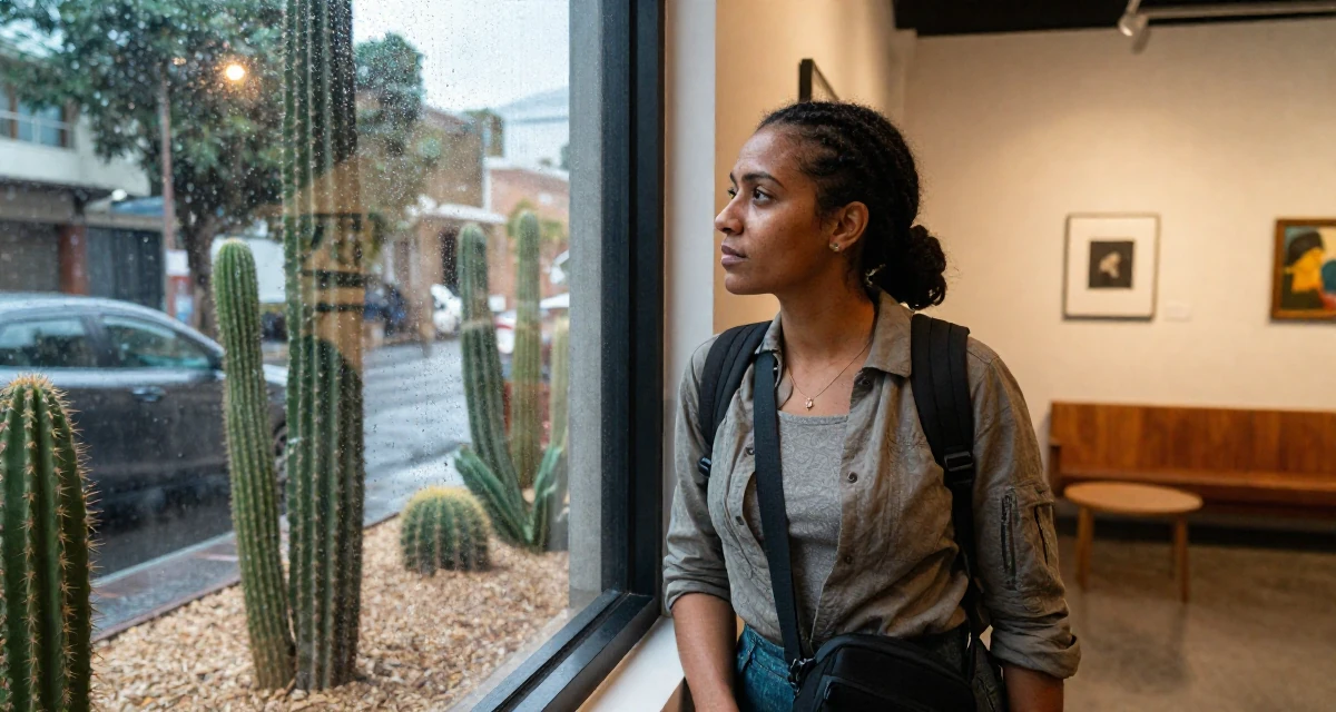 A gently serious Female From Trinidad & Tobago, studied performing arts in their 43, mentoring young professionals in the field, wearing a comfortable travel outfit, looking out the window in a art gallery hall.