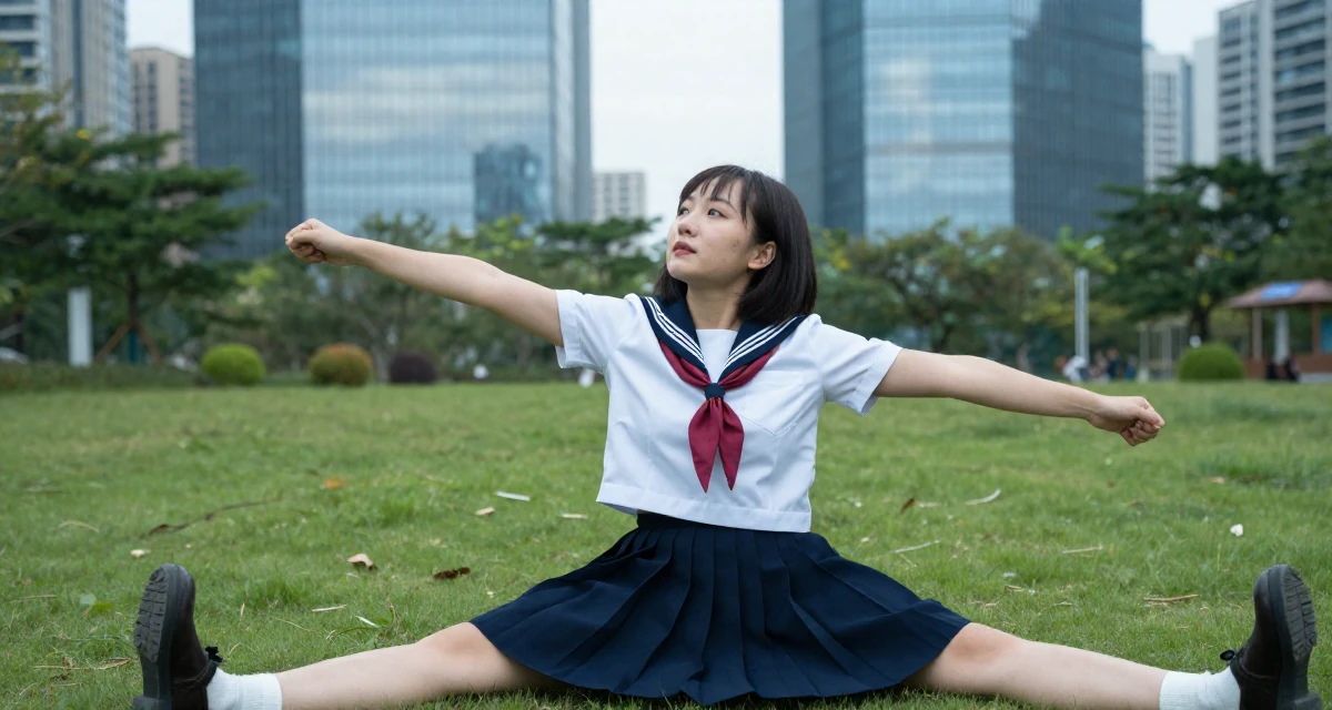 A spirited Female From Shenzhen China, studied makeup artistry while modeling part-time in their 31, sharing the reality of post-partum recovery, wearing a Japanese school sailor uniform (seifuku) with a pleated skirt, stretching arms in a quiet park.