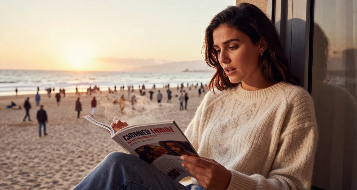 A emotionally moved Female Raised in Morocco, studied international marketing in their 25, understanding which content gains real engagement, wearing a soft cashmere sweater look, flipping through a magazine in a sunset beach.