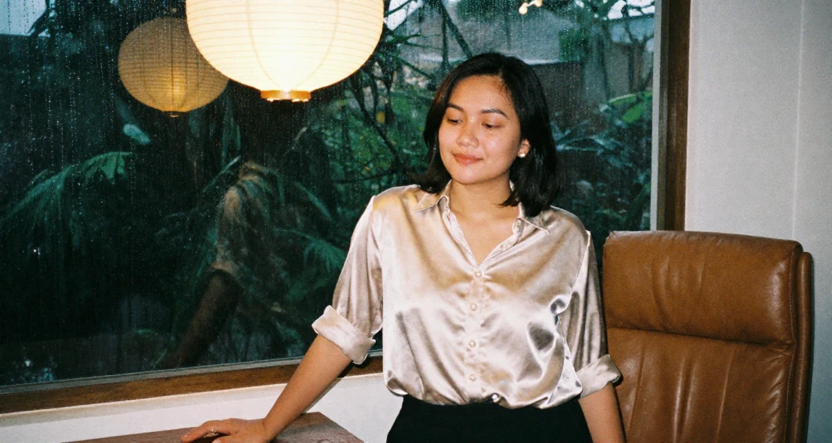 A peaceful Female From Indonesia, majored in visual communication in their 33, documenting a weight loss and health journey, wearing a satin blouse with pearl buttons, rolling up sleeves in a rainy window seat.