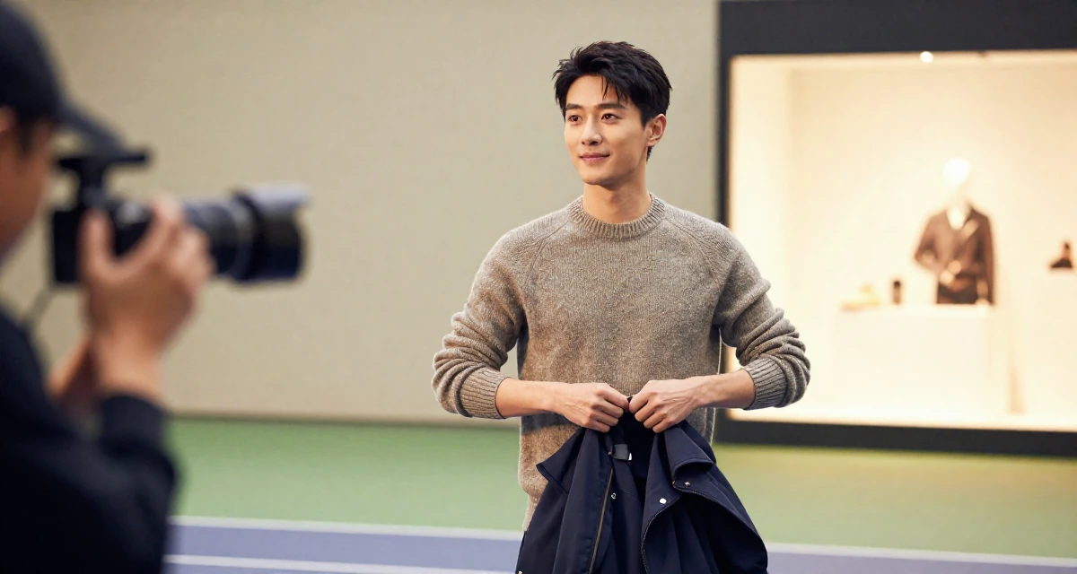 A warm and welcoming male From Shanghai China, grew up studying dance and digital arts in their 23, refining seductive expression through skilled camera work, wearing a textured wool sweater, buttoning up a jacket in a tennis court.