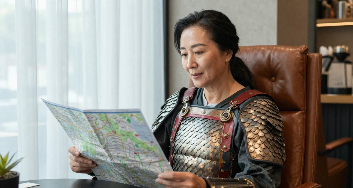 A passionate Female Once a freelance translator, now exploring multilingual creator content in their 34, focusing on skincare and graceful aging, wearing a dragon scale armor texture with metallic sheen, looking at a map in a trendy coffee shop.
