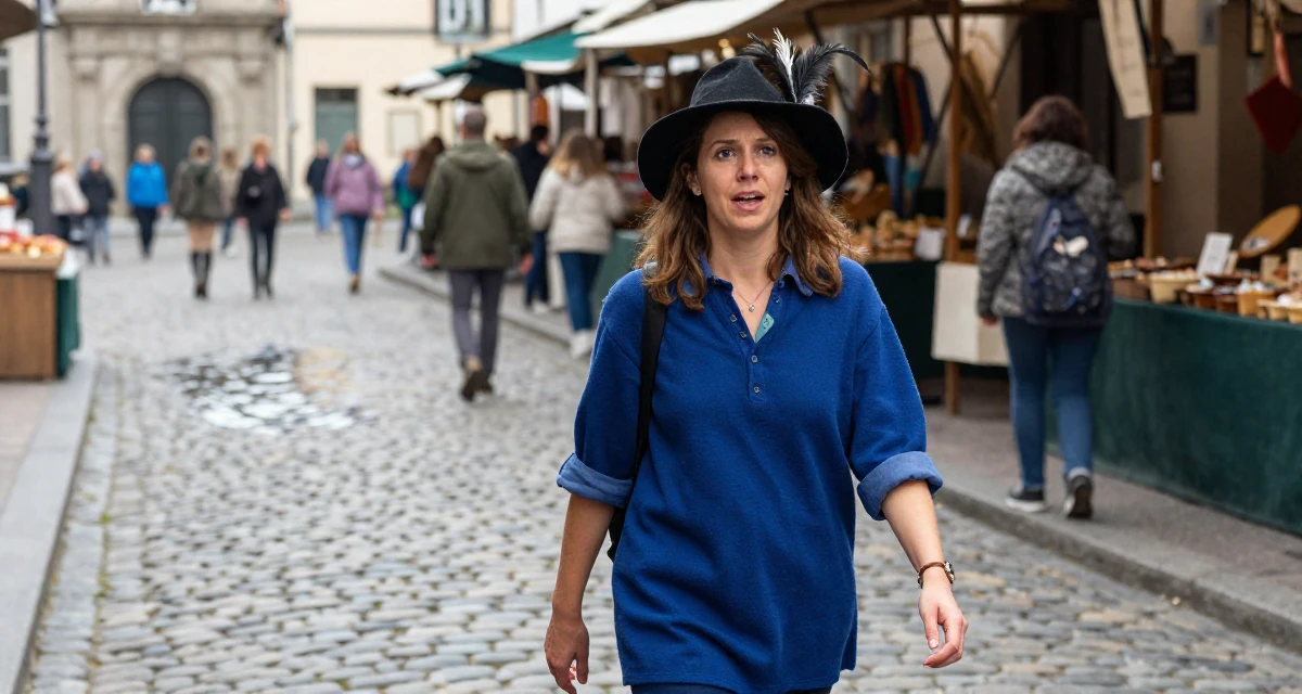 A anxious but excited Female Former small-town teacher, now exploring expressive photography in their 26, searching for a partner with shared values, wearing a royal musketeer tunic with a feathered hat, rolling up sleeves in a bustling market.