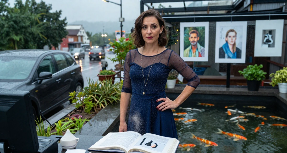 A quietly confident Female Former retail cashier, now monetizing aesthetic self-portraits in their 47, art collector sharing gallery experiences, wearing a ice skater sparkly dress with sheer sleeves, kicking up dust playfully in a rooftop garden.