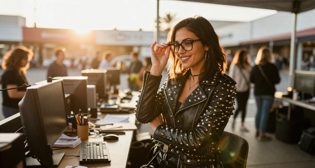 A hopeful Female From Los Angeles USA, trained in acting and sensual performance in their 25, upgrading equipment slowly as earnings grow, wearing a heavy metal rocker outfit with studs and leather, adjusting glasses in a messy desk.