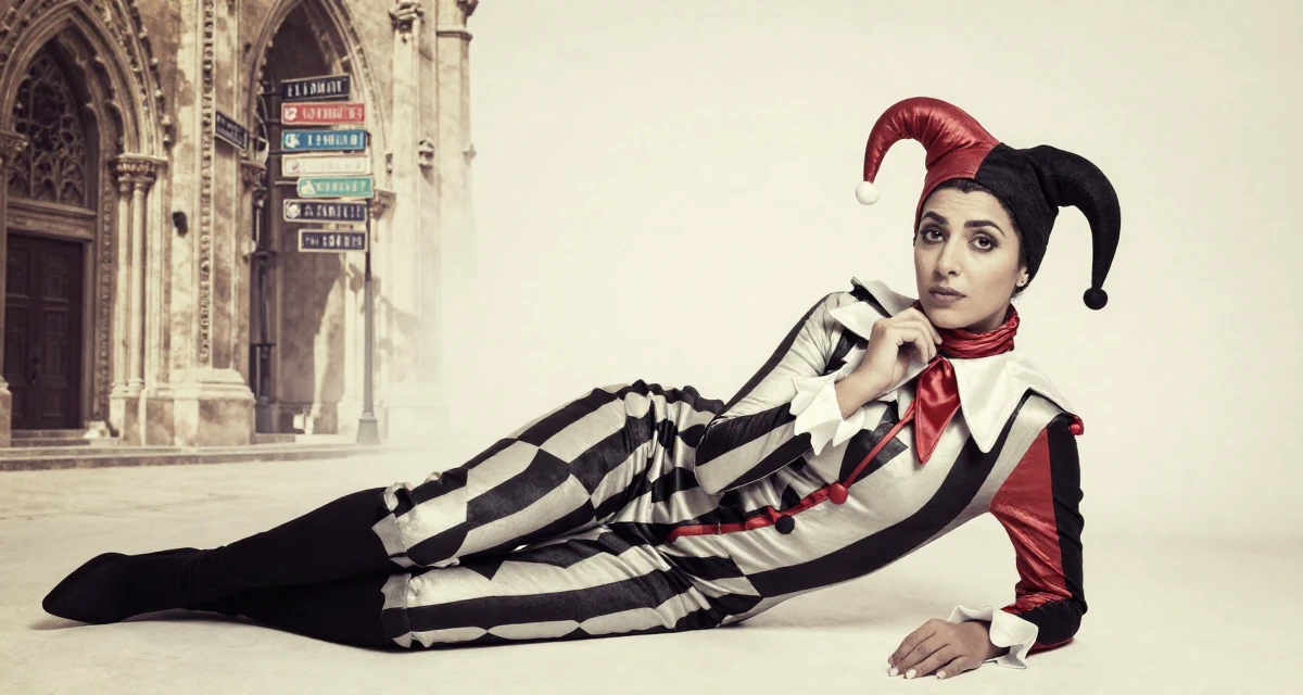 A disinterested Female From Cairo Egypt, studied anthropology in their 44, expert in negotiation and communication skills, wearing a harlequin jester costume with a diamond pattern, wrapping a scarf around the neck in a gothic cathedral interior.