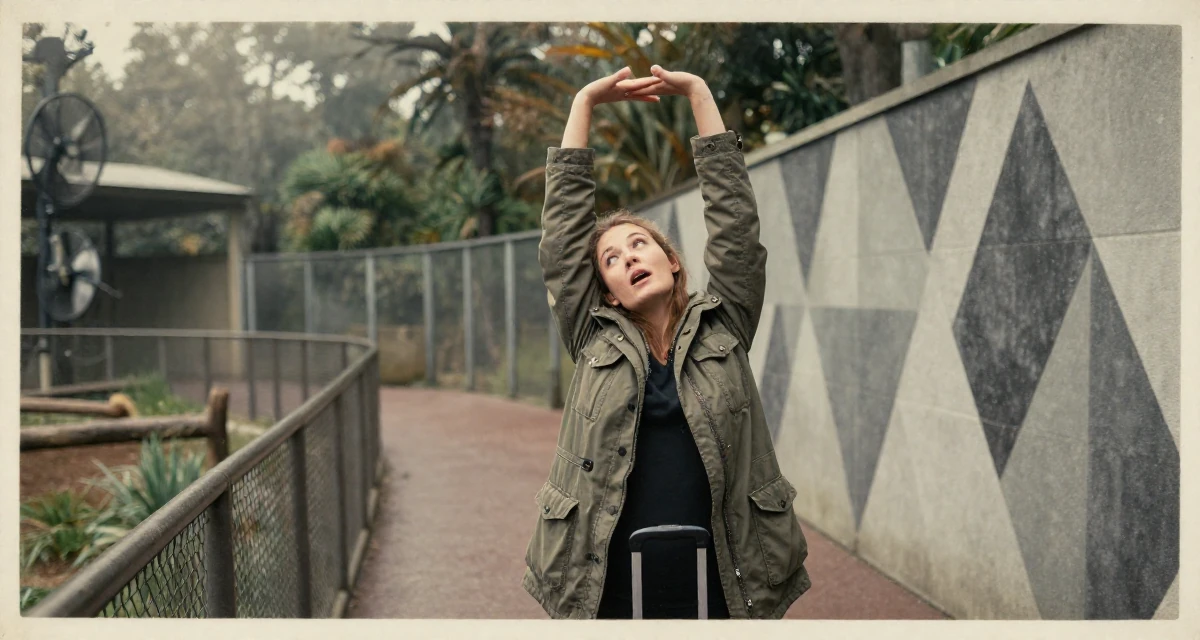 A lazy Female From Auckland New Zealand, explored intimate photography as personal therapy in their 22, building fans who appreciate charm over shock, wearing a stylish parka jacket, polling a luggage handle in a zoo enclosure path.