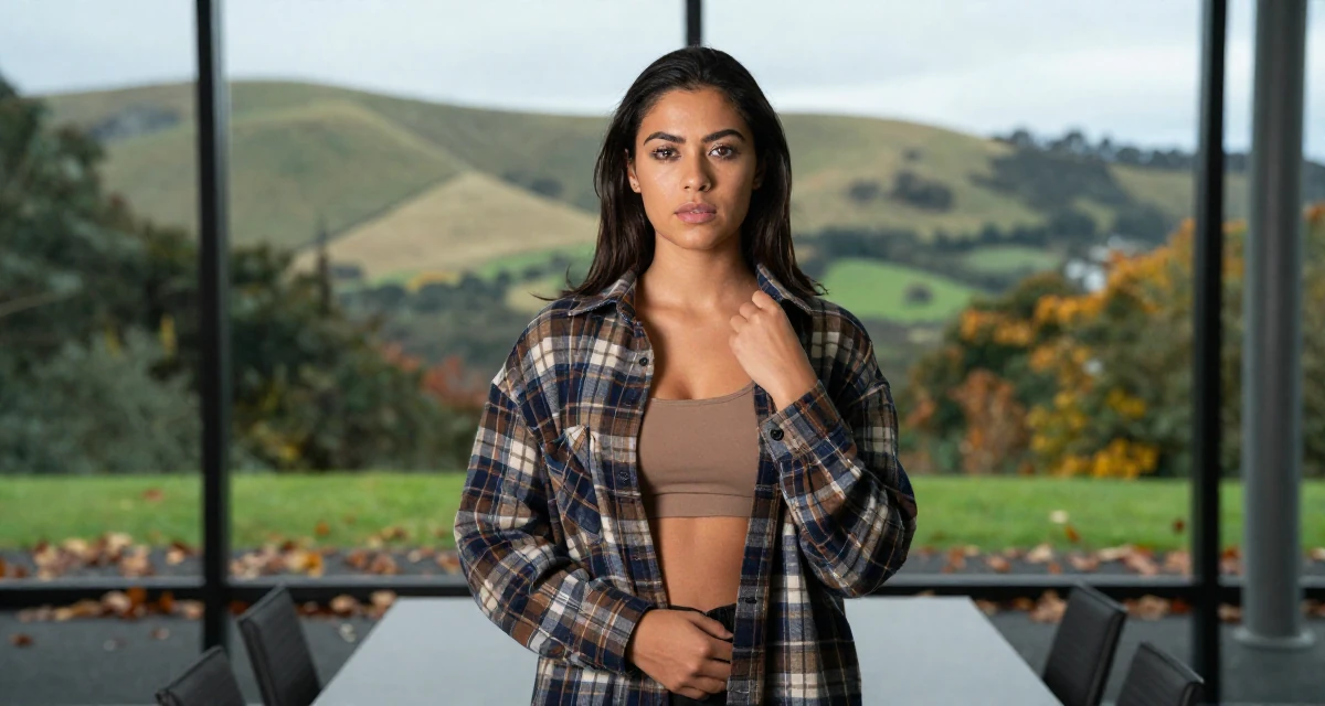 A guarded Female From New Zealand, based in Auckland, graduated from an arts college majoring in emotional performance art in their 22, feeling powerful when fans appreciate confident vibes, wearing a oversized flannel shirt unbuttoned over a crop top, fixing a collar in a glass-walled conference room.