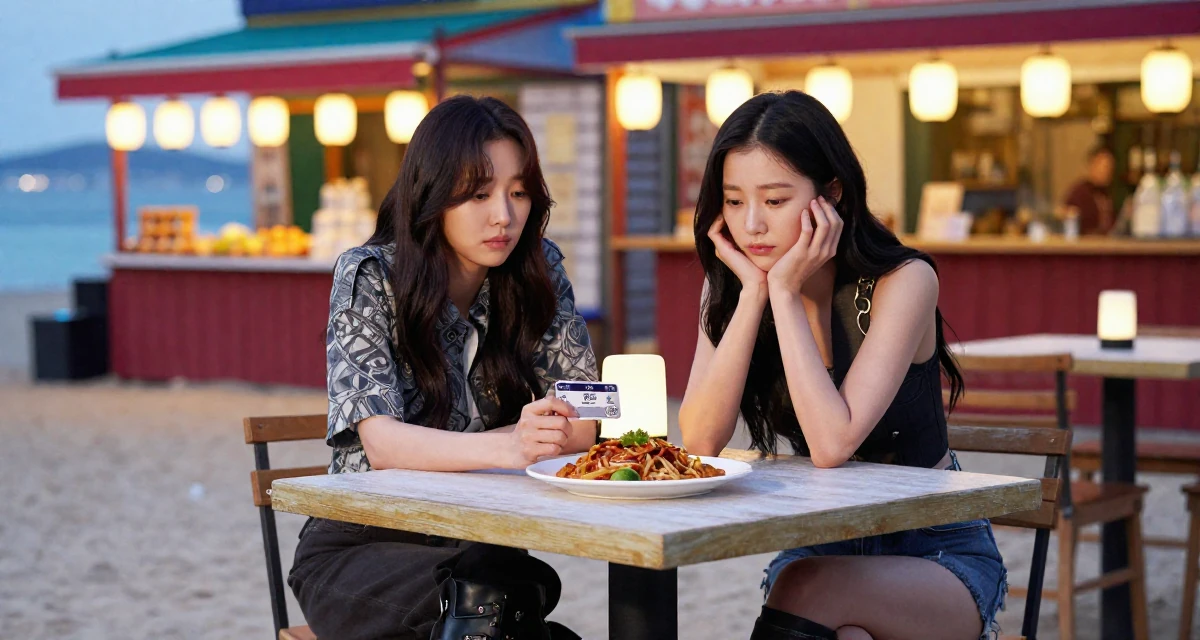 A melancholic Female Based in South Korea, studied fashion merchandising in their 46, sharing easy gourmet recipes for two, wearing a edgy street style with boots, holding a subway card in a beach bar.