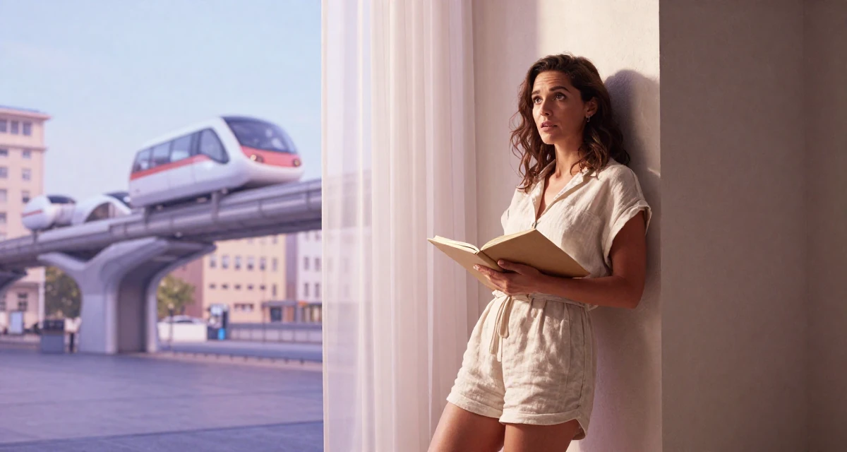 A subtly surprised Female From Lyon France, studied fashion marketing in their 39, preparing for a new chapter in a new city, wearing a short romper made of soft linen fabric, holding a notebook in a theater stage.