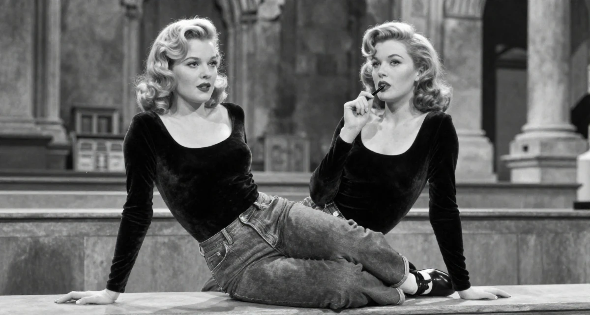 A calm Female From UK, studied law at a prestigious university in their 37, trying to stabilize income streams, wearing a velvet bodysuit and high-waisted mom jeans, chewing on a pen thoughtlessly in a lecture hall.