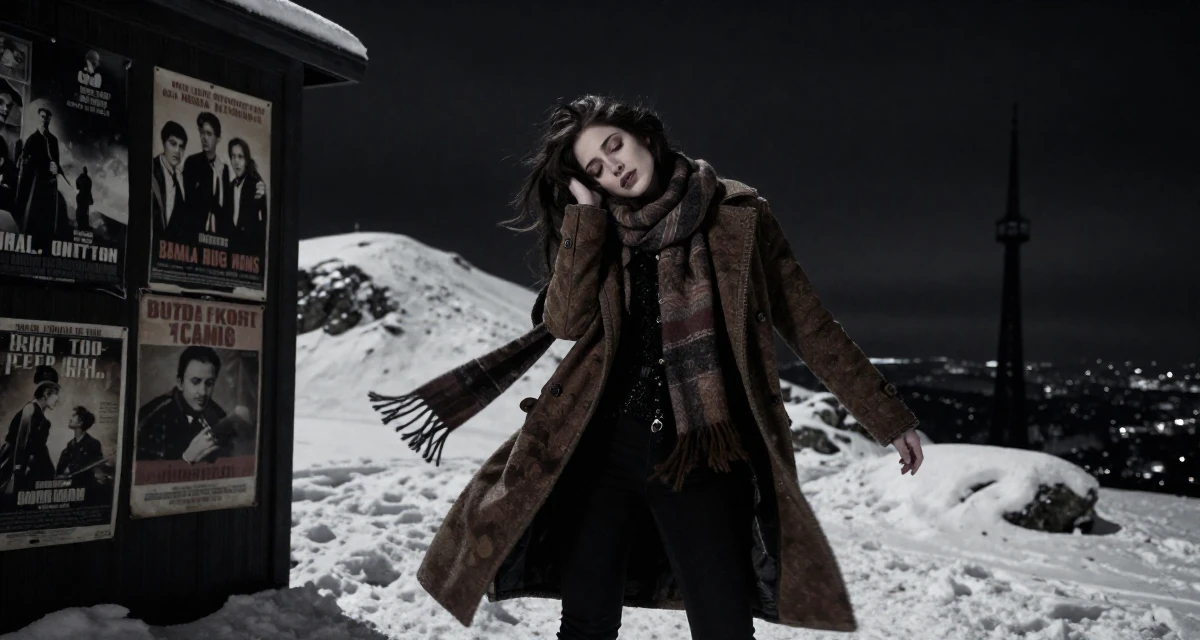 A tired Female From London United Kingdom, majored in media studies in their 22, dealing with inconsistent motivation, wearing a layered autumn coat and scarf, leaning head on a hand in a snowy mountain peak.