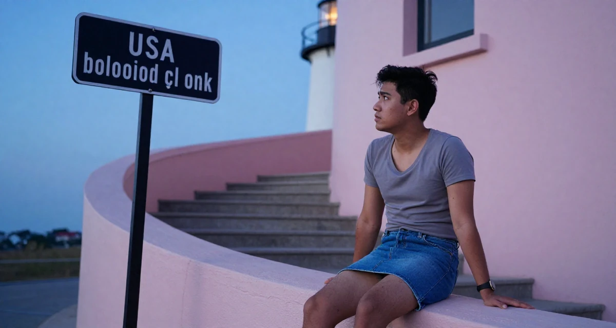 A suspicious male From USA, majored in journalism and media studies in their 31, feeling the biological clock or societal pressure, wearing a fitted scoop neck tee and a denim mini skirt, looking at a street sign in a winding staircase.