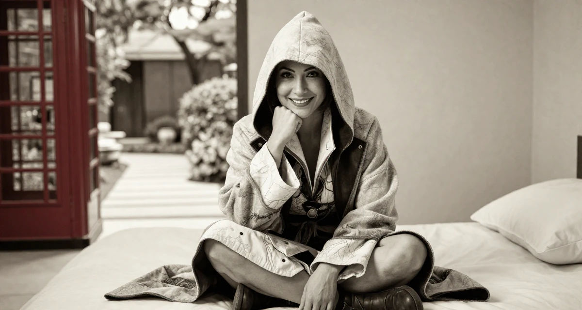 A cheerful Female From Hong Kong, majored in graphic design in their 24, understanding long-term consequences of choices, wearing a assassin creed style hooded robe and tunic, resting a chin on a hand in a minimalist bedroom.
