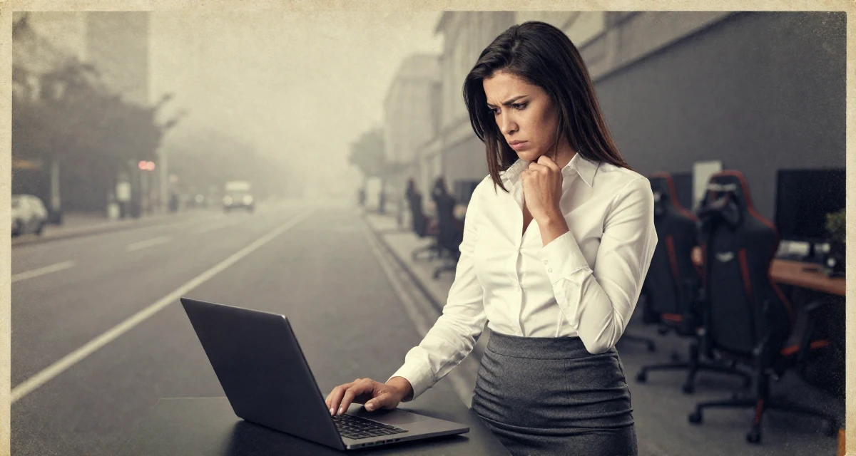 A tense Female From Chile, majored in international business at a private university in their 39, preparing for a new chapter in a new city, wearing a office lady pencil skirt and tight white shirt, typing on a laptop in a gaming room.