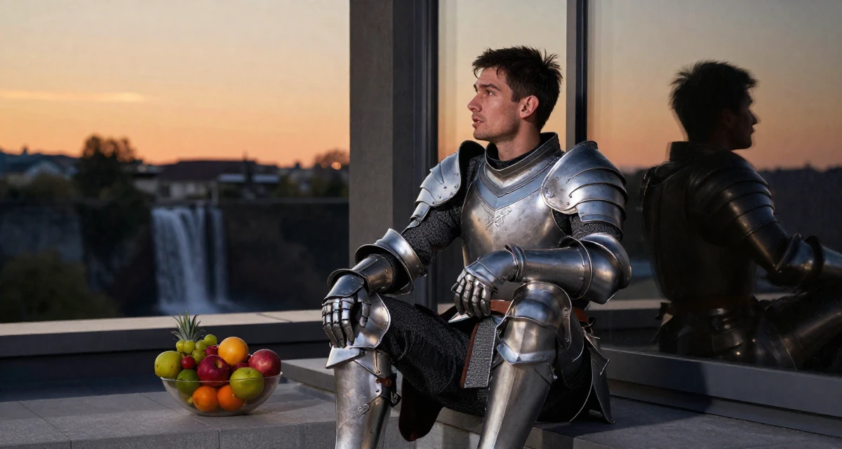 A wild male From Zurich Switzerland, learned luxury lifestyle imaging in their 22, learning workplace expectations and boundaries, wearing a fantasy warrior princess armor made of silver metal, looking at a reflection in a window in a rooftop terrace.