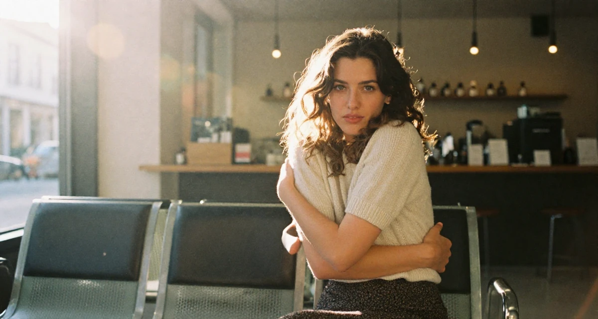A magnetic Female From France, trained in perfumery and chemistry in their 22, realizing that “overnight success” is a lie, wearing a short sleeve cashmere sweater and a skirt, taking a photo in a waiting room.