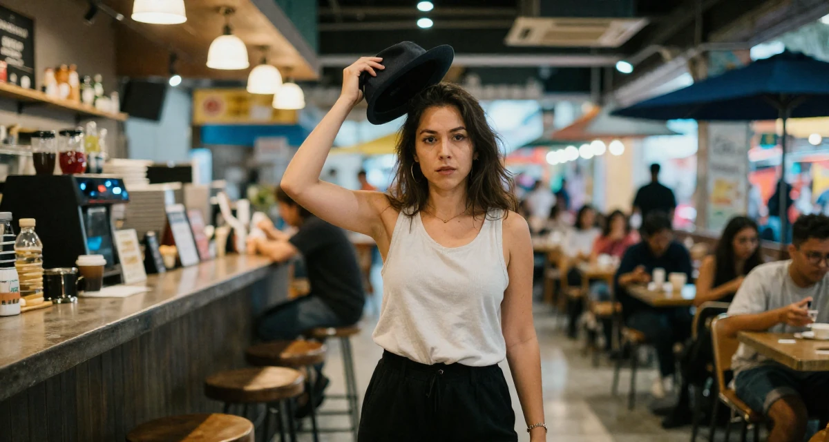 A intense and captivating Female Former street-dance trainee, now offering choreography-based fan content in their 31, sharing the reality of post-partum recovery, wearing a minimalist everyday clothing, holding a hat in a high-end restaurant.