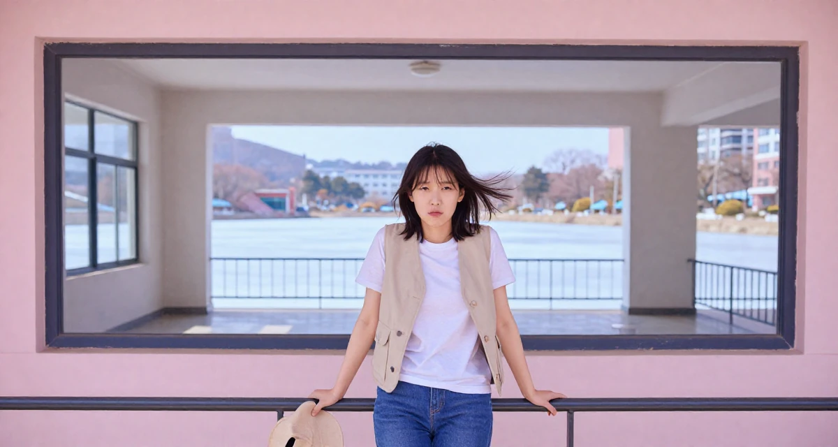 A impatient Female From Korea, studied film directing in their 25, feeling established in their chosen field, wearing a casual vest and t-shirt layer, holding a hat against the wind in a university campus.