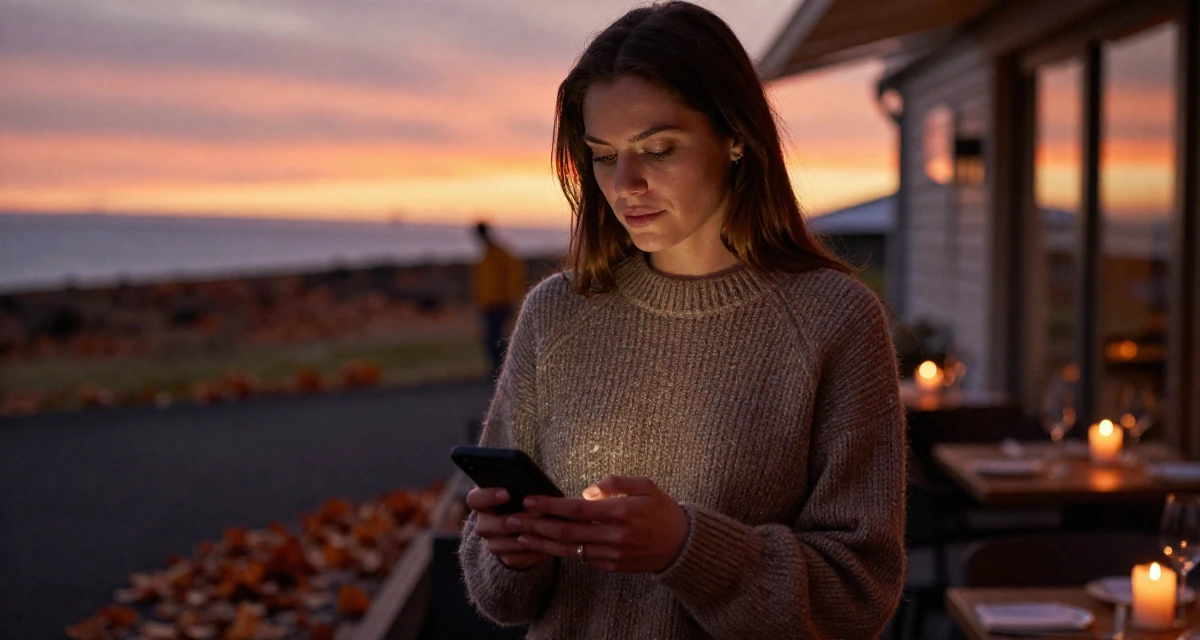 A poised Female Raised in Iceland, majored in creative digital strategy in their 25, considering expanding into TikTok or Reddit promo, wearing a textured wool sweater, scrolling casually in a high-end restaurant.
