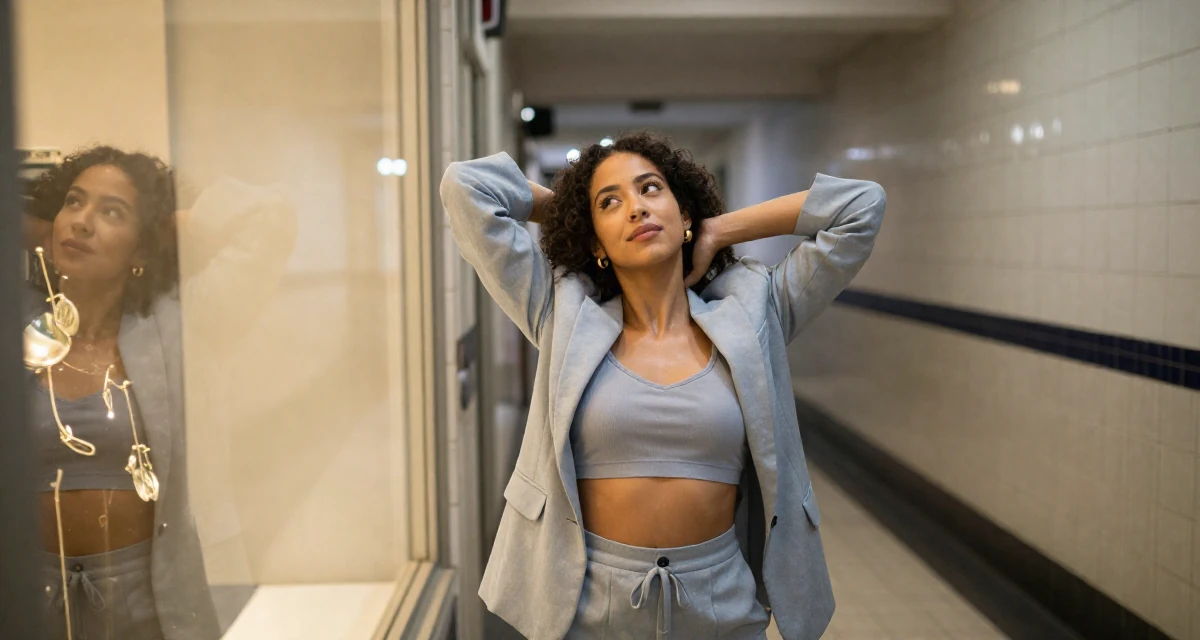 A playful Female From Brazil, graduated in tourism management in their 25, figuring out social roles and self-image, wearing a relaxed fit suit separate, massaging the neck in a narrow hallway.