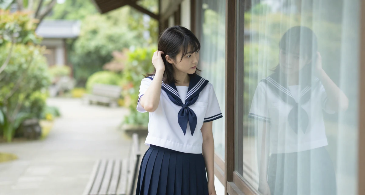 A thoughtful Female From Birmingham United Kingdom, holds a degree in economics in their 45, helping kids through school, wearing a Japanese school sailor uniform (seifuku) with a pleated skirt, looking at a reflection in a window in a park bench.
