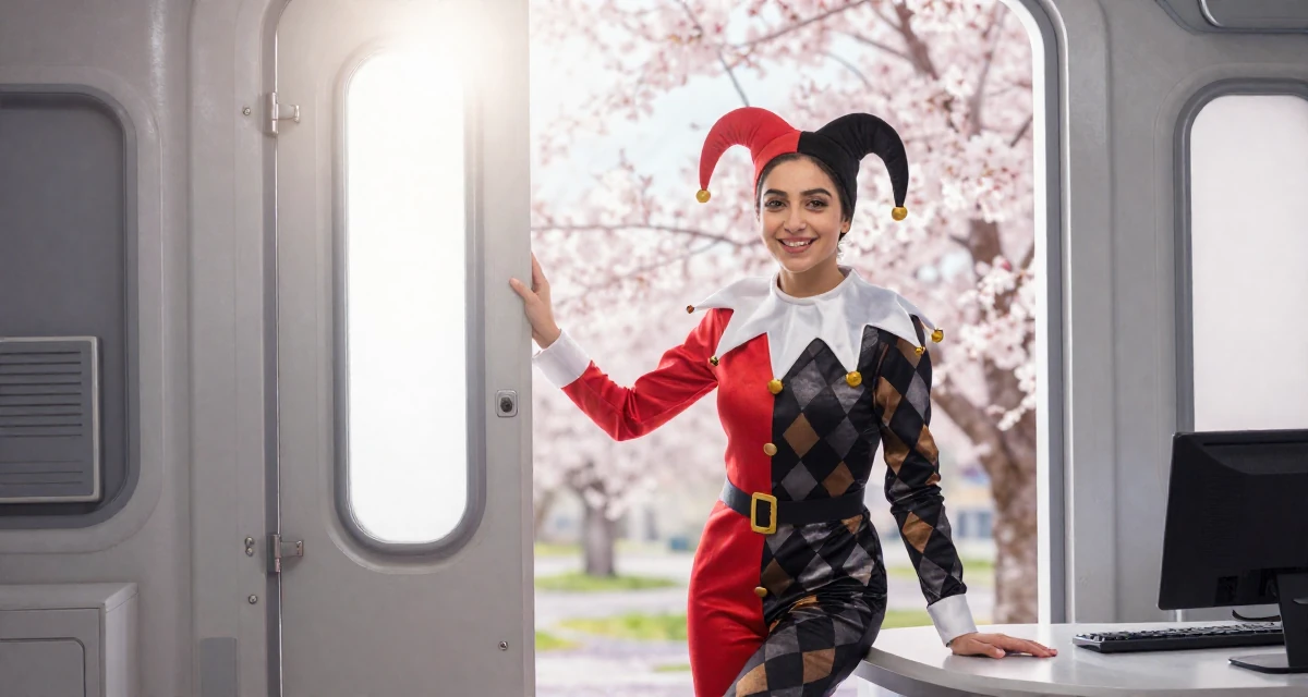 A warm and welcoming Female From Arabic-speaking world, majored in geology in their 22, managing new financial responsibilities, wearing a harlequin jester costume with a diamond pattern, pushing a door open in a spaceship corridor.
