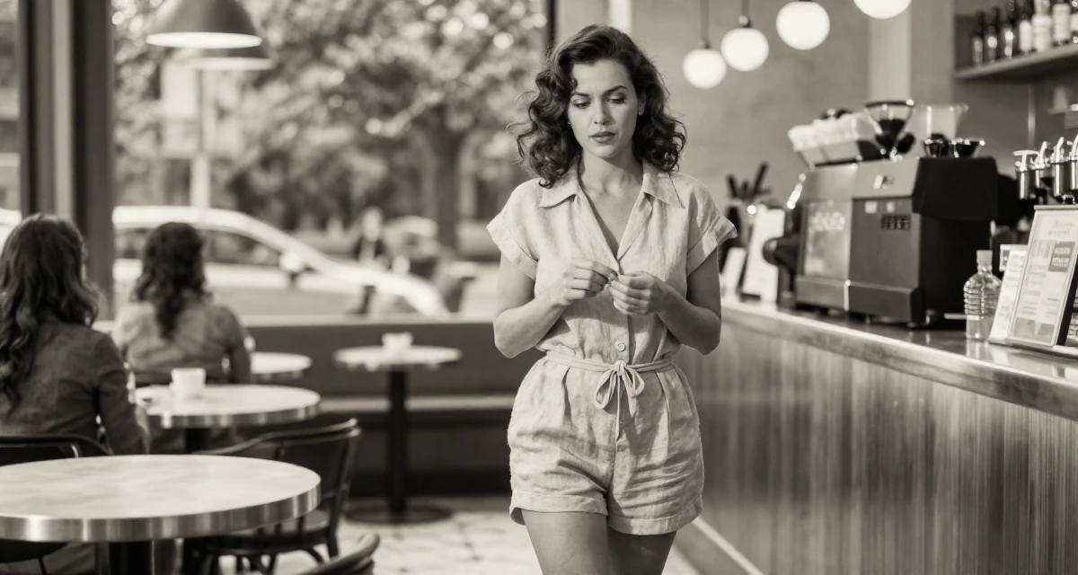 A distracted Female From USA, studied anthropology and folklore in their 37, trying to stabilize income, wearing a short romper made of soft linen fabric, inspecting fingernails in a trendy coffee shop.