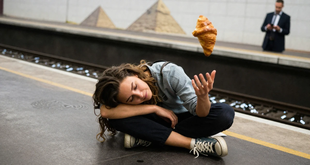 A gentle and kind Female From France, majored in cinema studies in their 24, juggling edits, shoots, and a boss who texts on weekends, wearing a relaxed streetwear, eating a croissant in a subway platform.