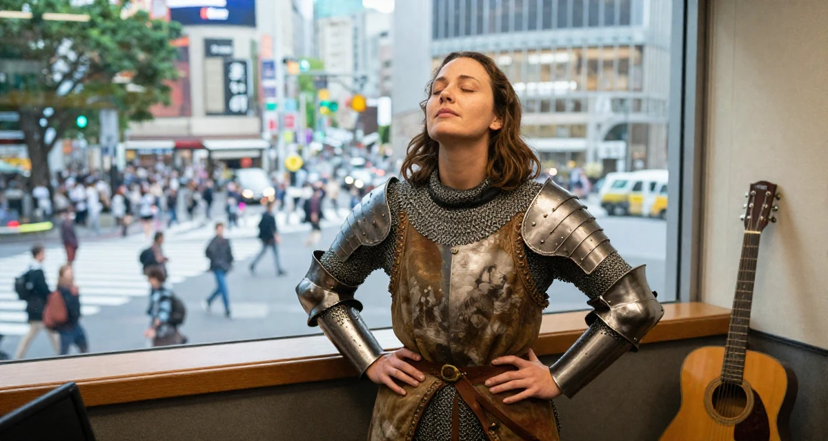 A relaxed Female From Australia, studied marine biology on the coast in their 38, expert in vintage fashion and thrifting, wearing a female knight armor with a tabard and chainmail, taking a deep breath in a radio station.