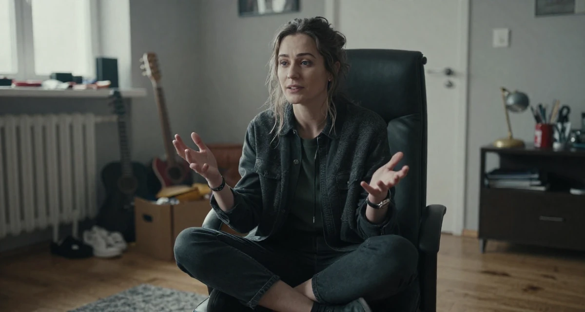 A grateful Female From Warsaw Poland, studied social psychology in their 22, feeling the imposter syndrome in a first serious job, wearing a dark academia inspired outfit, gesturing while talking in a sunlit living room.
