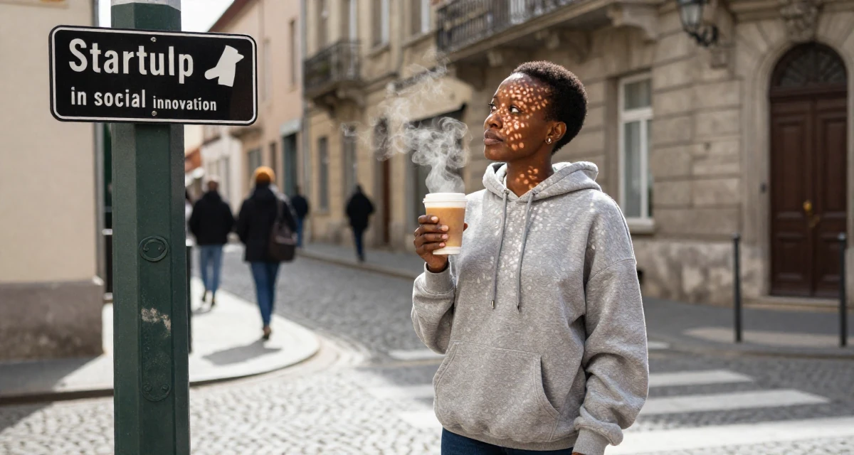 A magnetic Female From Rwanda, majored in social innovation in their 30, first-time entrepreneur building a startup, wearing a trendy oversized hoodie, looking at a street sign in a busy crosswalk.