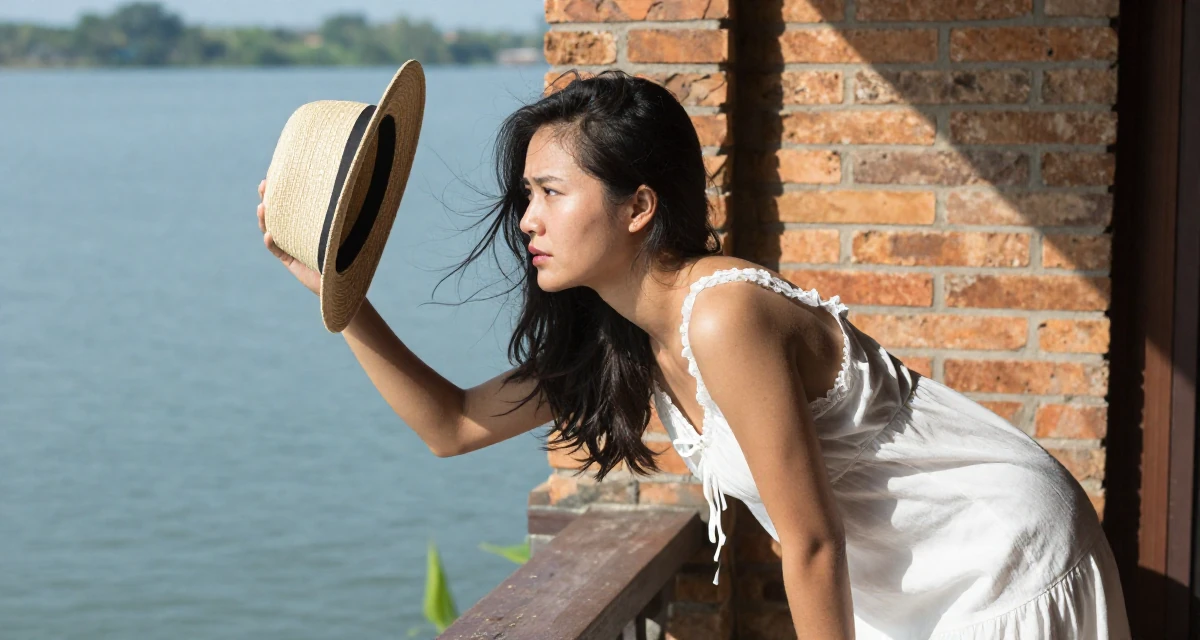 A timid Female From Vietnam, majored in international business in their 23, discovering the thrill of tasteful seduction, wearing a white cotton nightgown with lace details, holding a hat against the wind in a sunny patio.