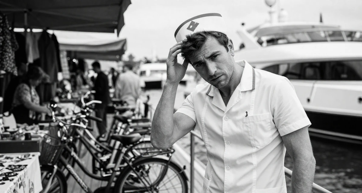 A seriously concentrated male From Milan Italy, studied fashion styling in their 20, chasing creative dreams despite parental skepticism, wearing a nurse cosplay uniform with a stylized cap, scratching the head in confusion in a yacht deck.