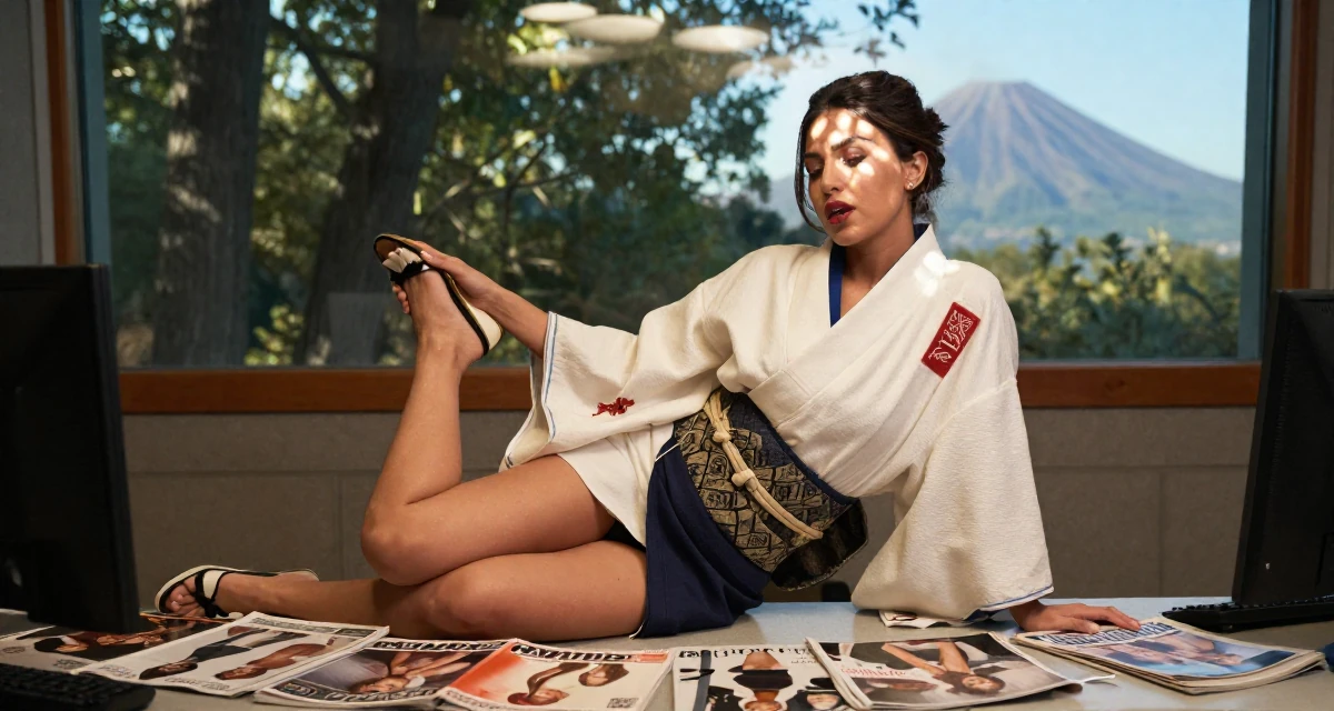 A content Female From Dubai UAE, majored in marketing in their 25, stabilizing monthly income and planning long-term strategy, wearing a shrine maiden outfit with a short hakama skirt, dangling a shoe from one foot in a radio station.