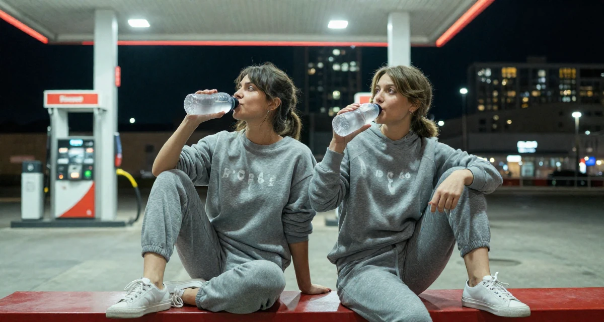 A ambitious Female From Russia, holds a degree in graphic design in their 46, sharing easy gourmet recipes for two, wearing a grey tones casual wear, drinking from a water bottle in a gas station at night.