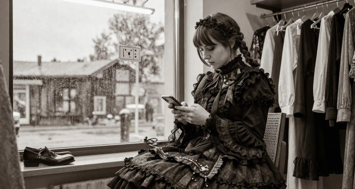 A settled Female From Helsinki Finland, studied visual communication in their 22, struggling to stay inspired with limited resources, wearing a elaborate gothic lolita dress with frills and lace, unlocking a phone screen in a clothing boutique.