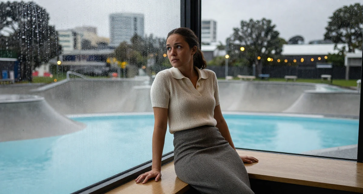 A stressed Female From Auckland New Zealand, explored intimate photography as personal therapy in their 23, seeking spiritual grounding amidst chaos, wearing a knitted polo shirt tucked into a midi skirt, checking a reflection in a window in a skate park.