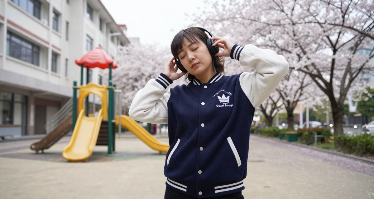 A sleepy Female From Macau, studied hospitality management in their 39, building a brand around authentic storytelling, wearing a casual varsity jacket look, adjusting headphones in a school playground.