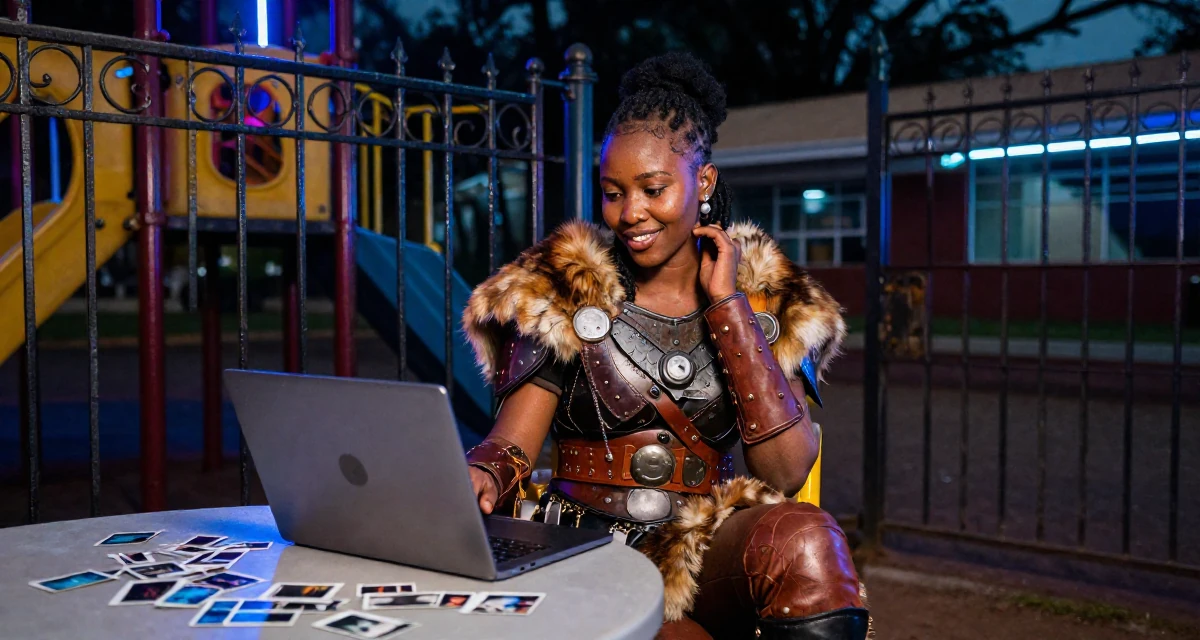 A radiant Female From Kenya, based in Nairobi, graduated from a creative institute majoring in aesthetic communication in their 25, managing fluctuating confidence, wearing a viking shield-maiden outfit with fur and leather, holding a laptop in a school playground.